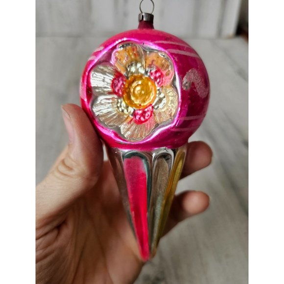 Vintage pink indent ice cream snow cone ball ornament mercury glass Xmas tree - Picture 6 of 10